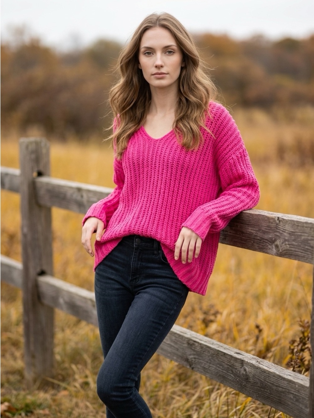 Pink Lily NWT Oversized Bright Pink V-Neck Chunky Knit Sweater, very soft.